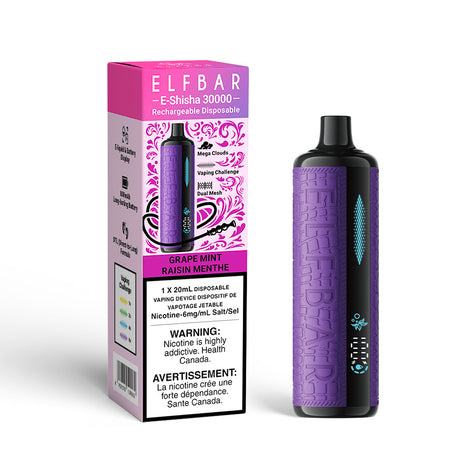 Grape Mint Elfbar E Shisha 30000 Disposable Vape, 20ml, 6mg/ml Nicotine salt